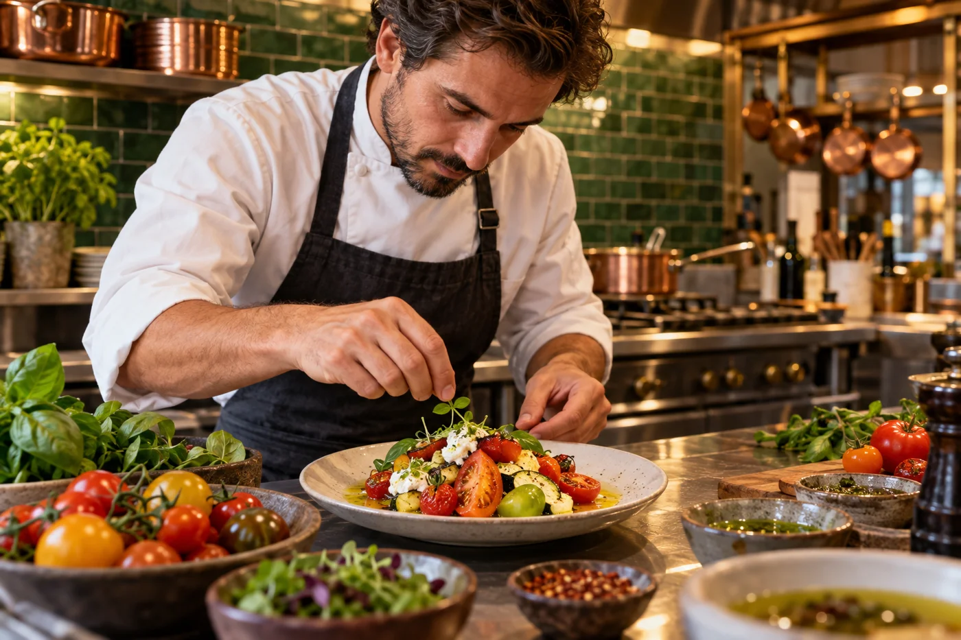 A chef carefully plating vegetables in a warm restaurant kitchen