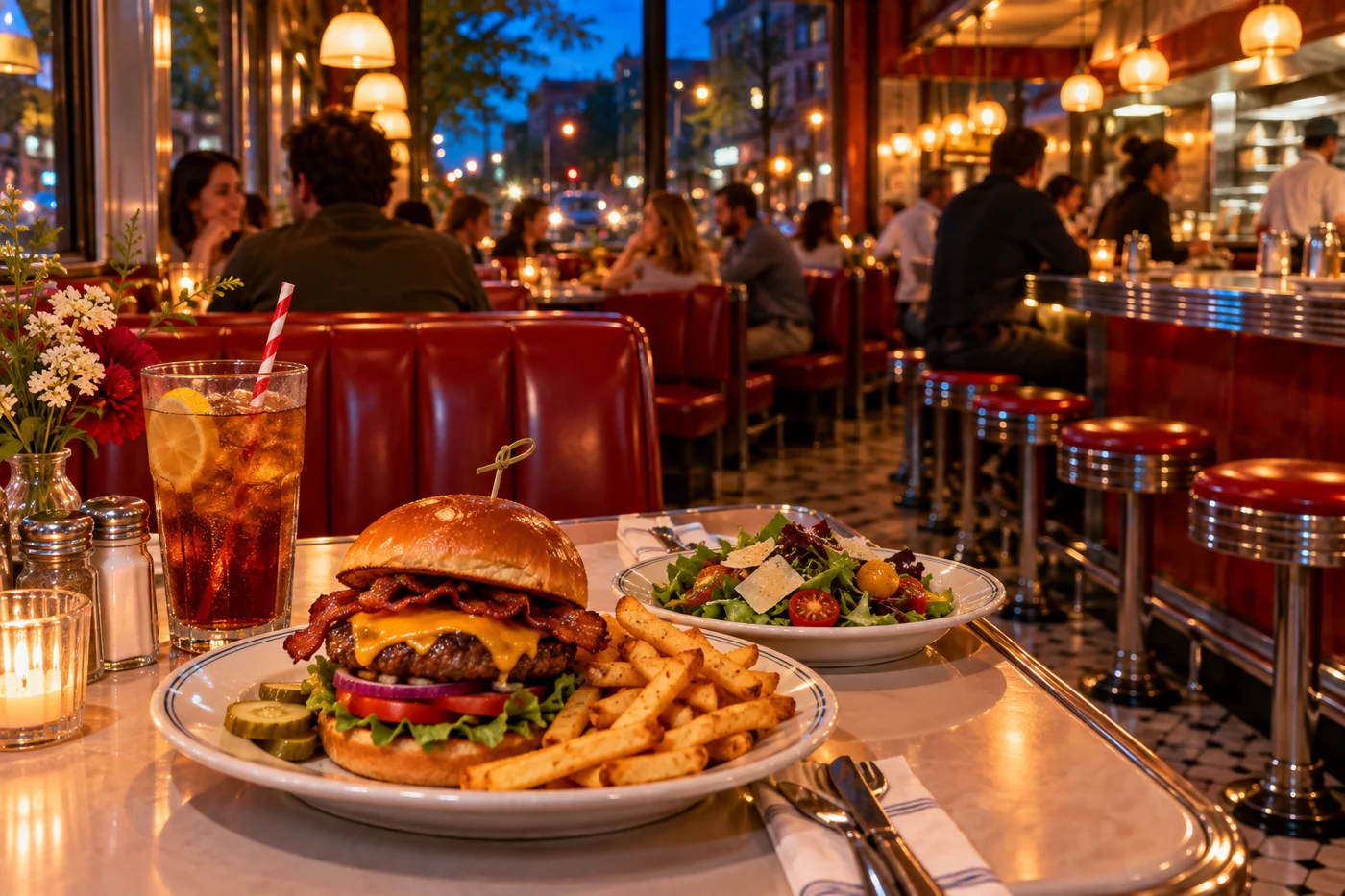 Warmly lit neighborhood diner with red booths and a chrome counter