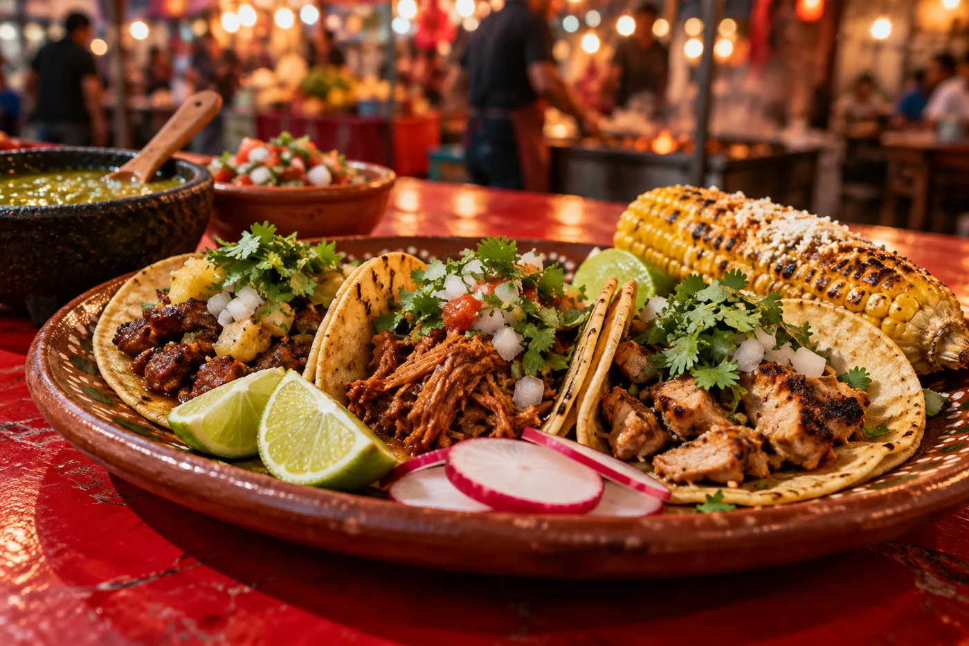 Colorful tacos, charred corn, radishes, cilantro and lime at a food market
